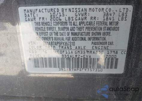 2015 Nissan Sentra Sr из США, поврежденный, VIN 3N1AB7AP5FY357310